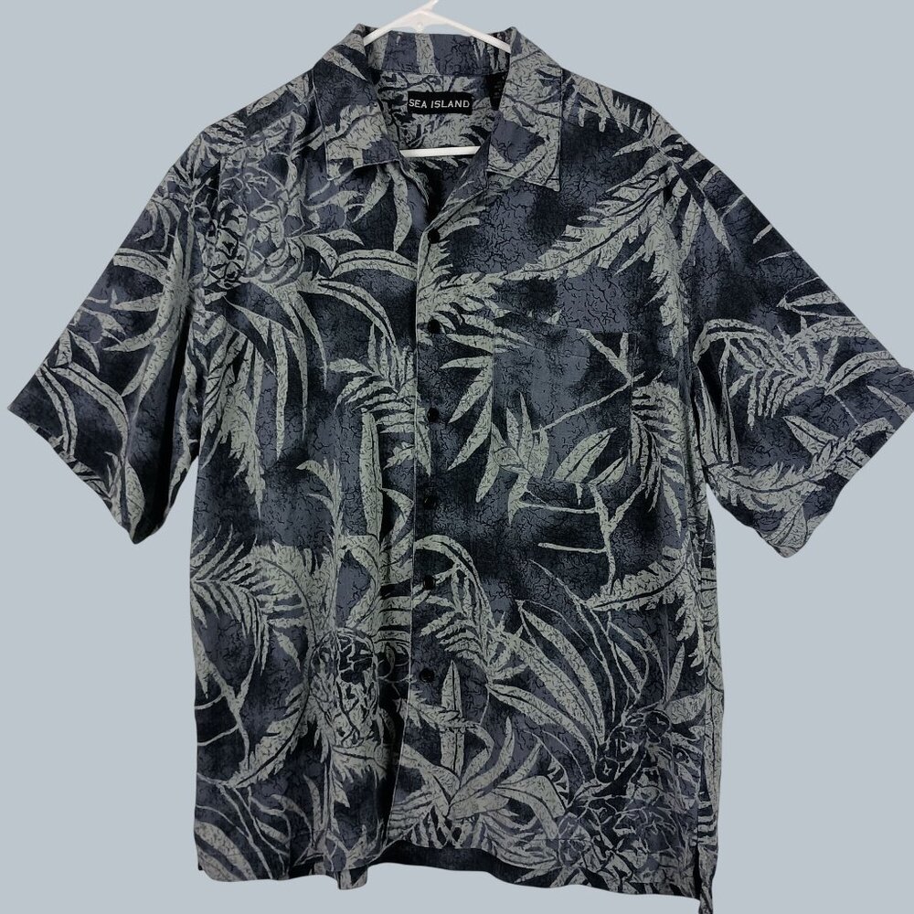 Sea Island Silk Short Sleeve Shirt Button Down Mens L Gray Botanical Coastal